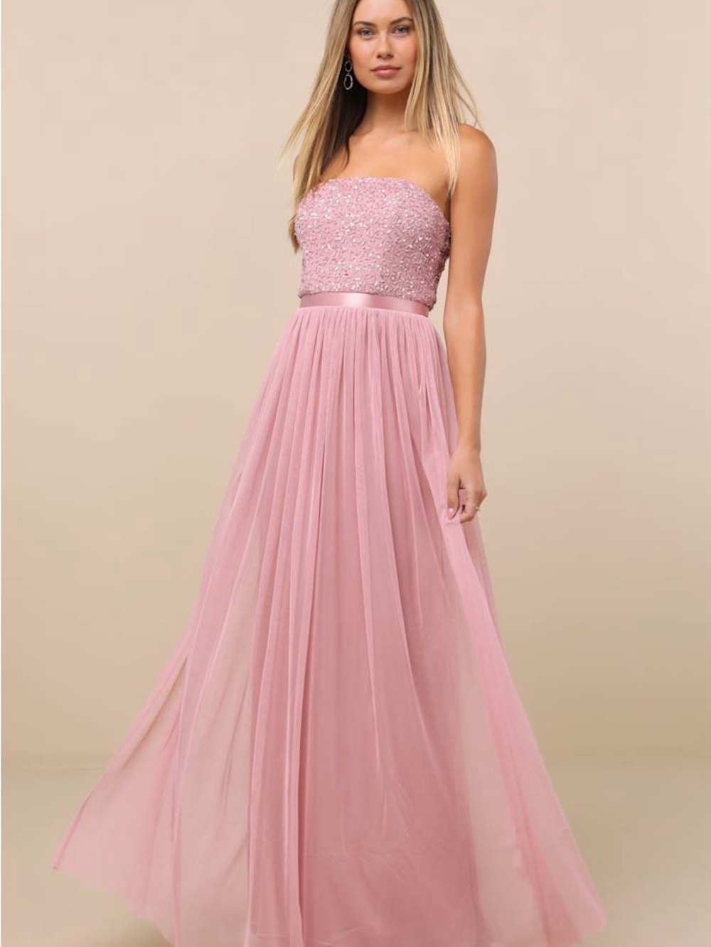 Lulu's Strapless Blush Pink Beaded Tulle Gown